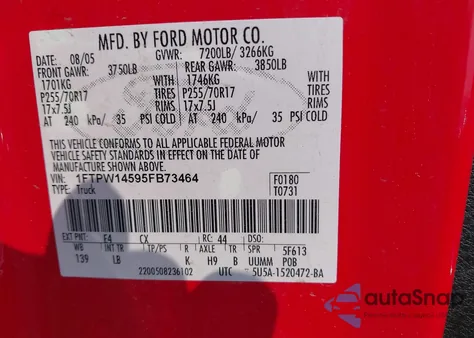 2005 Ford F-150 Fx4/Lariat/Xlt z USA, uszkodzony, nr VIN 1FTPW14595FB73464